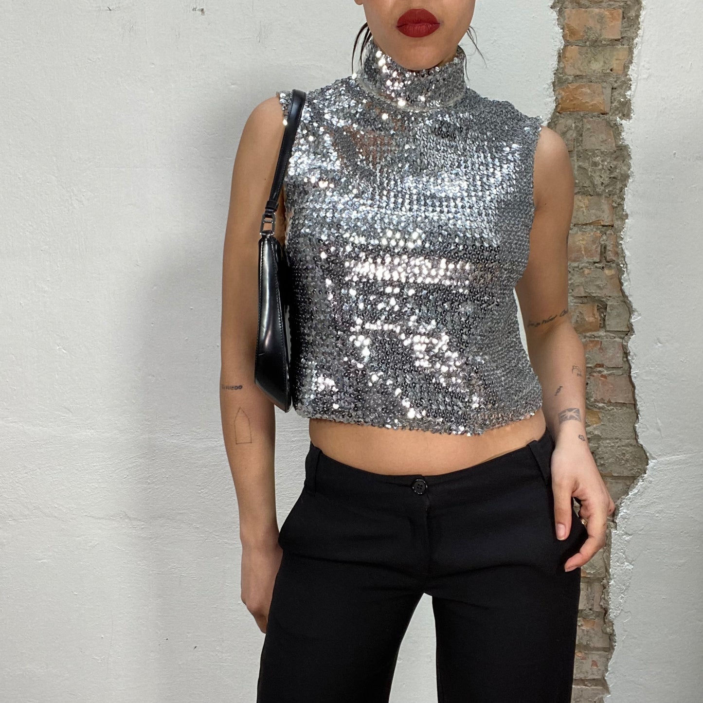 Vintage 2000's Nightout Silver Sequin High Neck Top (S/M)