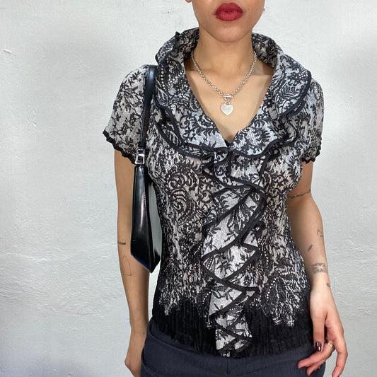 Vintage 2000's Coquette Black Lace Print Shirt with Ruffle Collar (S/M)