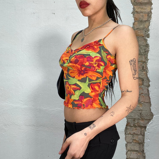 Vintage 2000's Downtown Girl Orange and Green Floral Crop Top (XS/S)