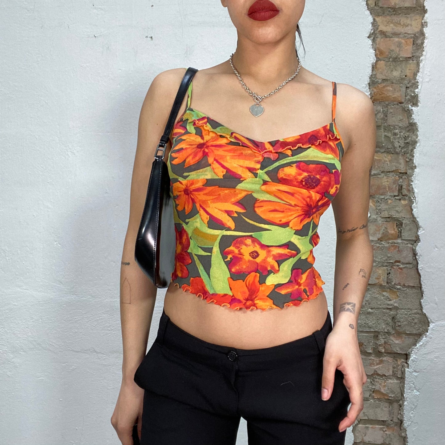 Vintage 2000's Downtown Girl Orange and Green Floral Crop Top (XS/S)