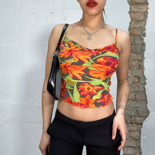 Vintage 2000's Downtown Girl Orange and Green Floral Crop Top (XS/S)