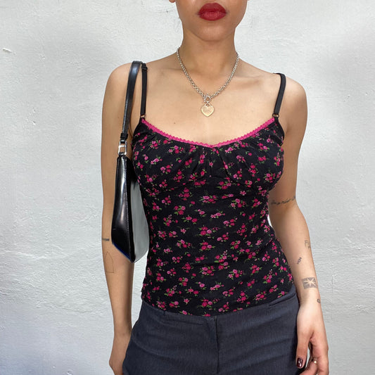 Vintage 90's Coquette Girl Black Cami To with Pink Floral Print (S)