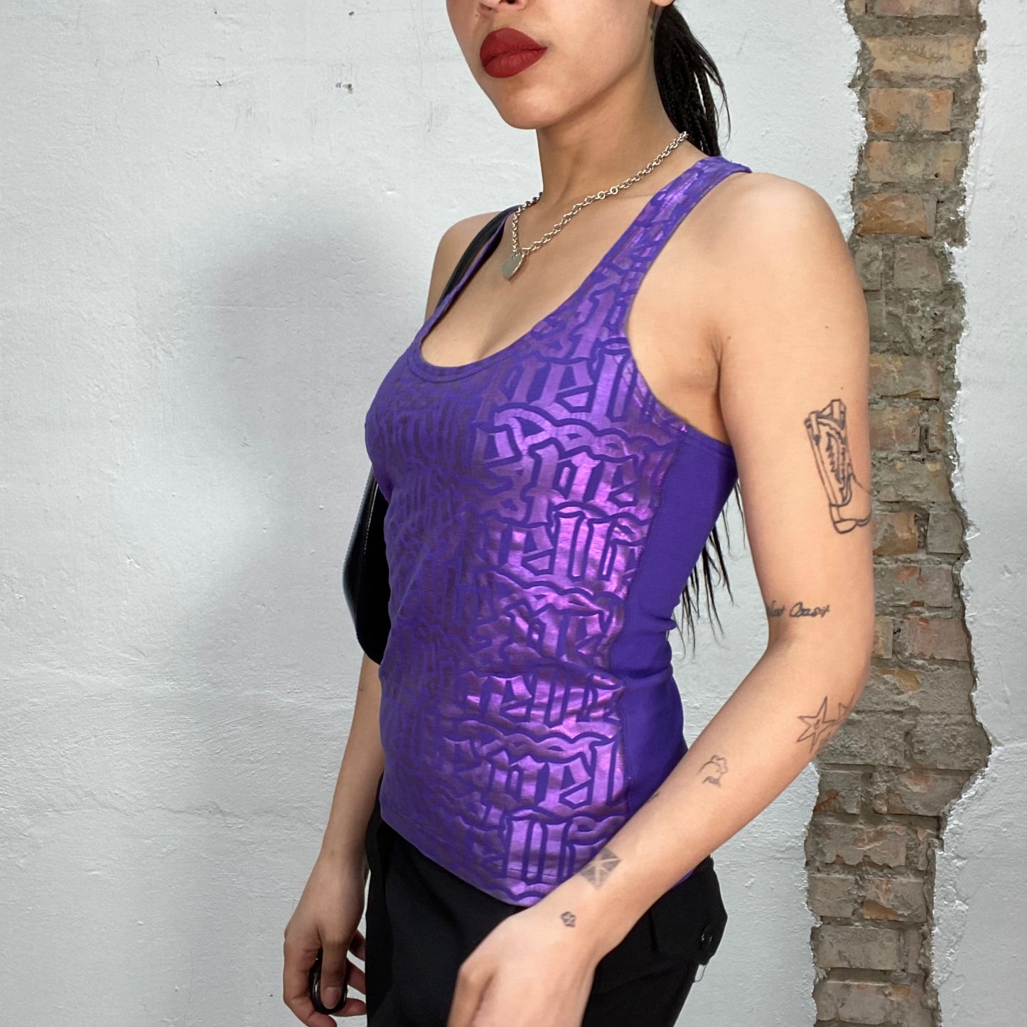 Vintage 2000's Hip Hop Purple Tank Top with Shimmery Structured Print (S)