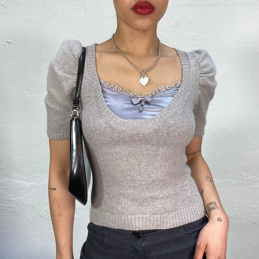 Vintage 2000's Ballet Grey Knit Shirt with Puffy Sleeves (S)