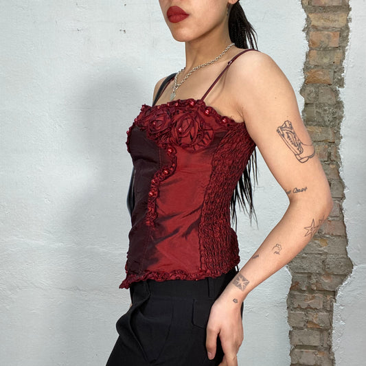 Vintage 2000's Gothic Red Shimmery Corset Top with Big Flower Details (S)