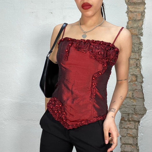 Vintage 2000's Gothic Red Shimmery Corset Top with Big Flower Details (S)