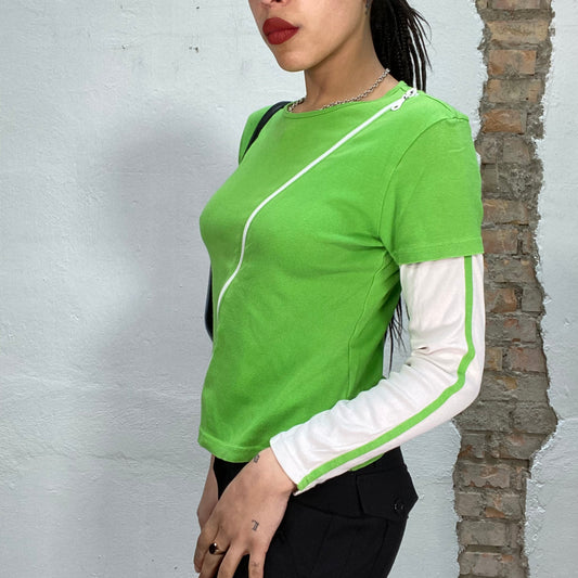 Vintage 2000's Skater Green Diagonal Zipper Shirt Over White Lonsgleeve (S/M)