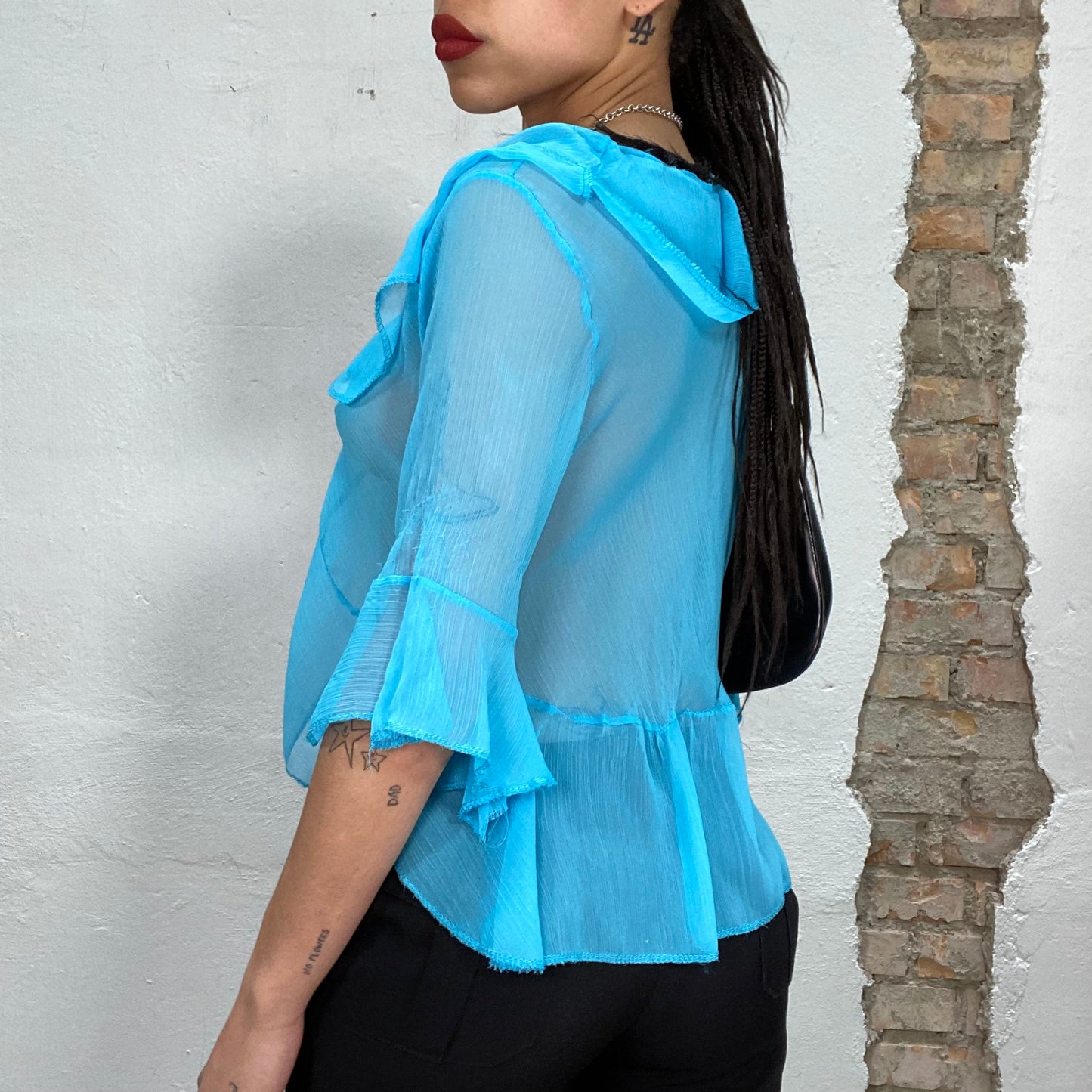 Vintage 2000's Mermaid Aqua Blue Mesh Blouse Top (M)