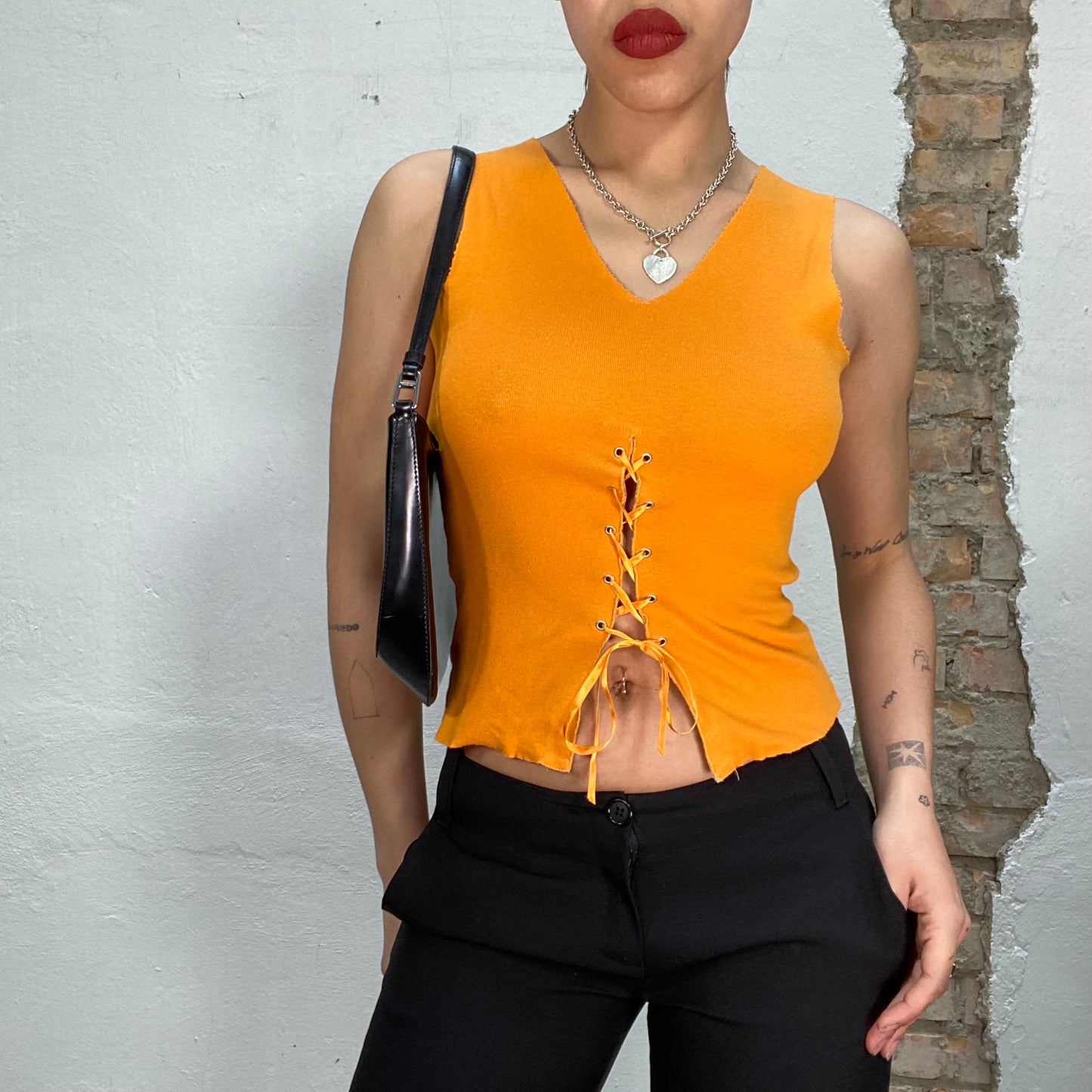 Vintage 2000's Downtown Girl Orange Tank o with Lace Up Detail (S)