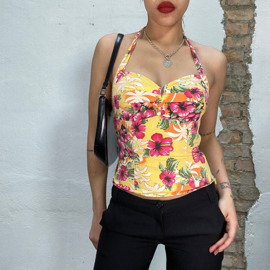 Vintage 2000's Surfer Yellow Halter Neck Top with Hibiscus Print (S)