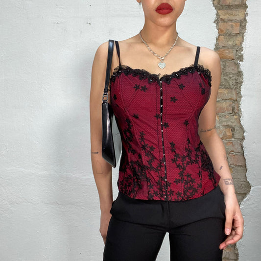 Vintage 2000's Gothic Black Red Lace Corset Top with Flower Embroidery (M/L)