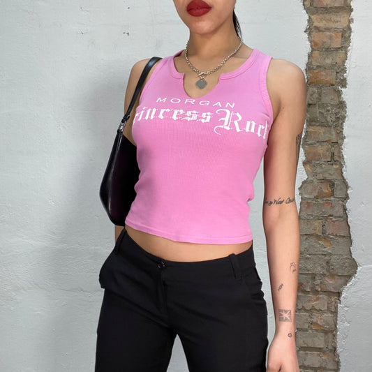 Vintage 2000's Morgan de Toi Pink Ribbed Tank Top with Goth Writing (S)