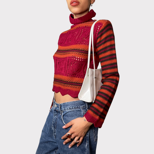 Vintage 90's Indie Red and Orange Striped Crochet Turtle Neck (XS/S)
