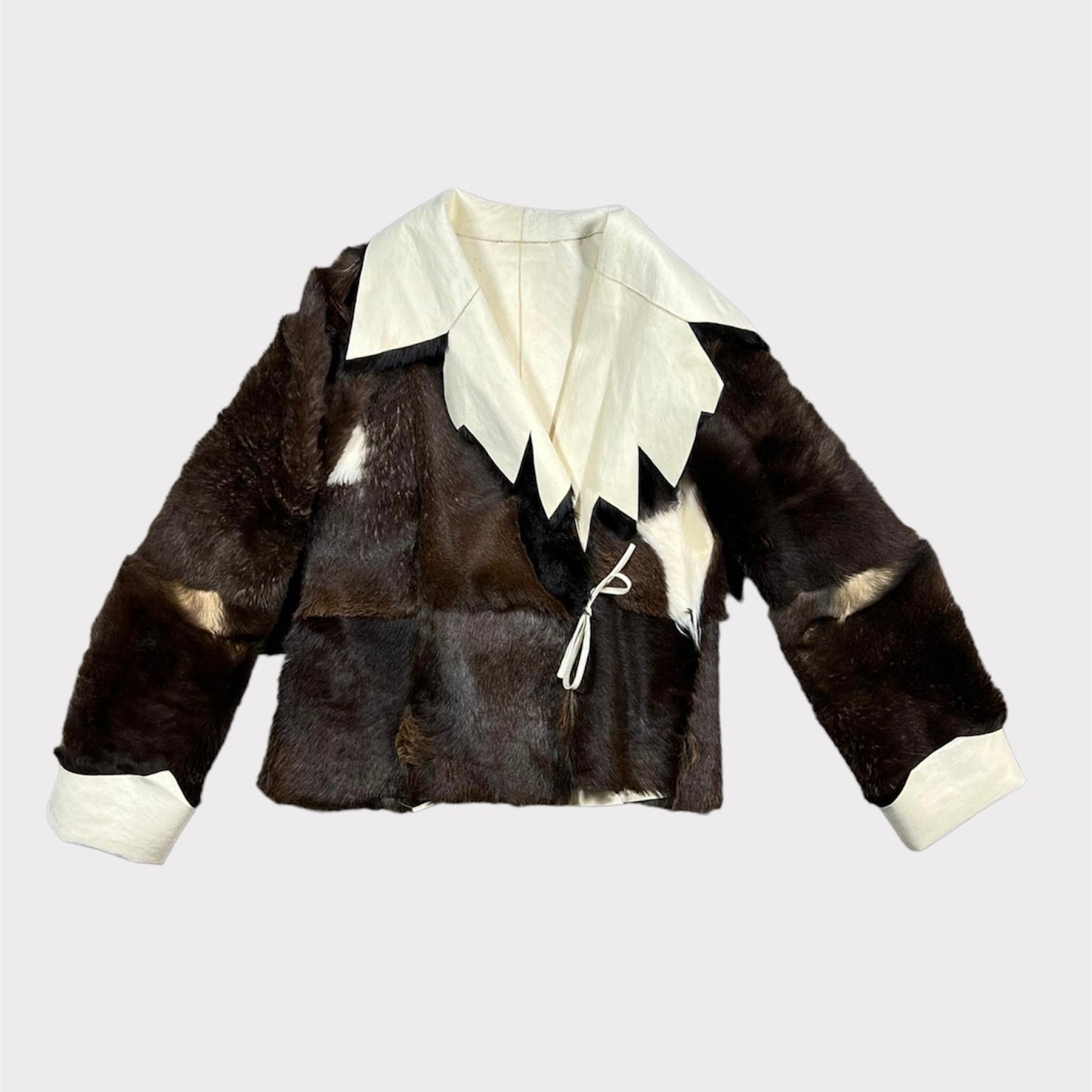 Vintage 2000's Grunge Irreversible White Leather Jacket with Black Fur Trim (S)