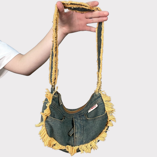 Vintage 2000's Grunge Denim Shoulder Bag with beige Fringe