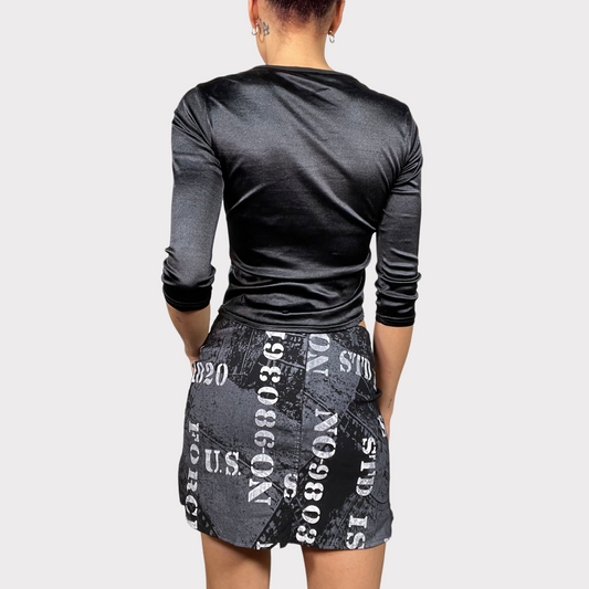 Vintage 90's Clubwear Black Scripted Mini Skirt with Writing Print (S)