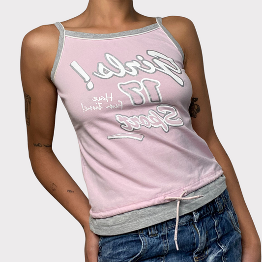 Vintage 2000's Skater Pink Top with Grey Hem Details and Waist Band (S)