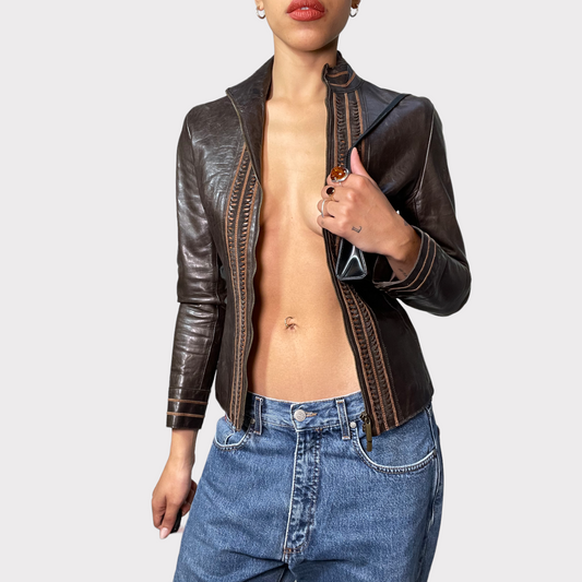 Vintage 2000 Western Brown Leather Jacket with Leather-Lacing Detail (S)