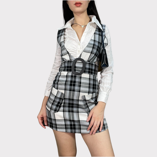 Vintage 90's Classic Grey Plaid Dress with Belt Detail (S)