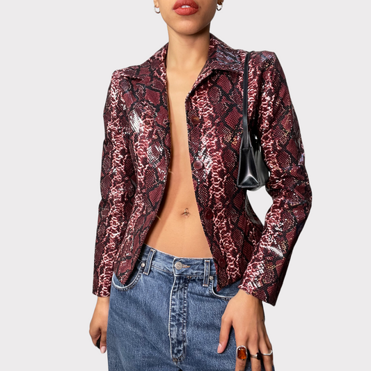 Vintage 2000 Funky Bordeaux Red Snake Skin Print Button Up Leather Jacket (S)