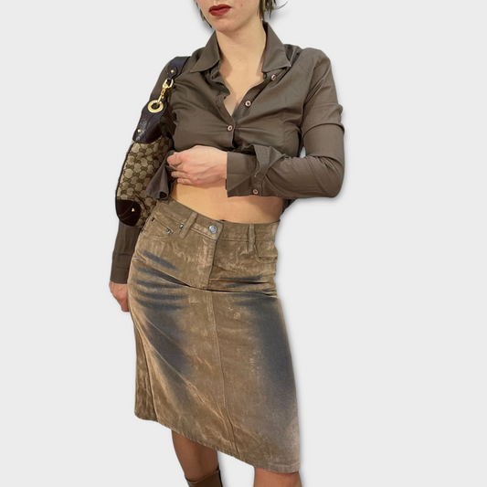 Vintage 90's Western Brown Washed Denim Midi Skirt (S)