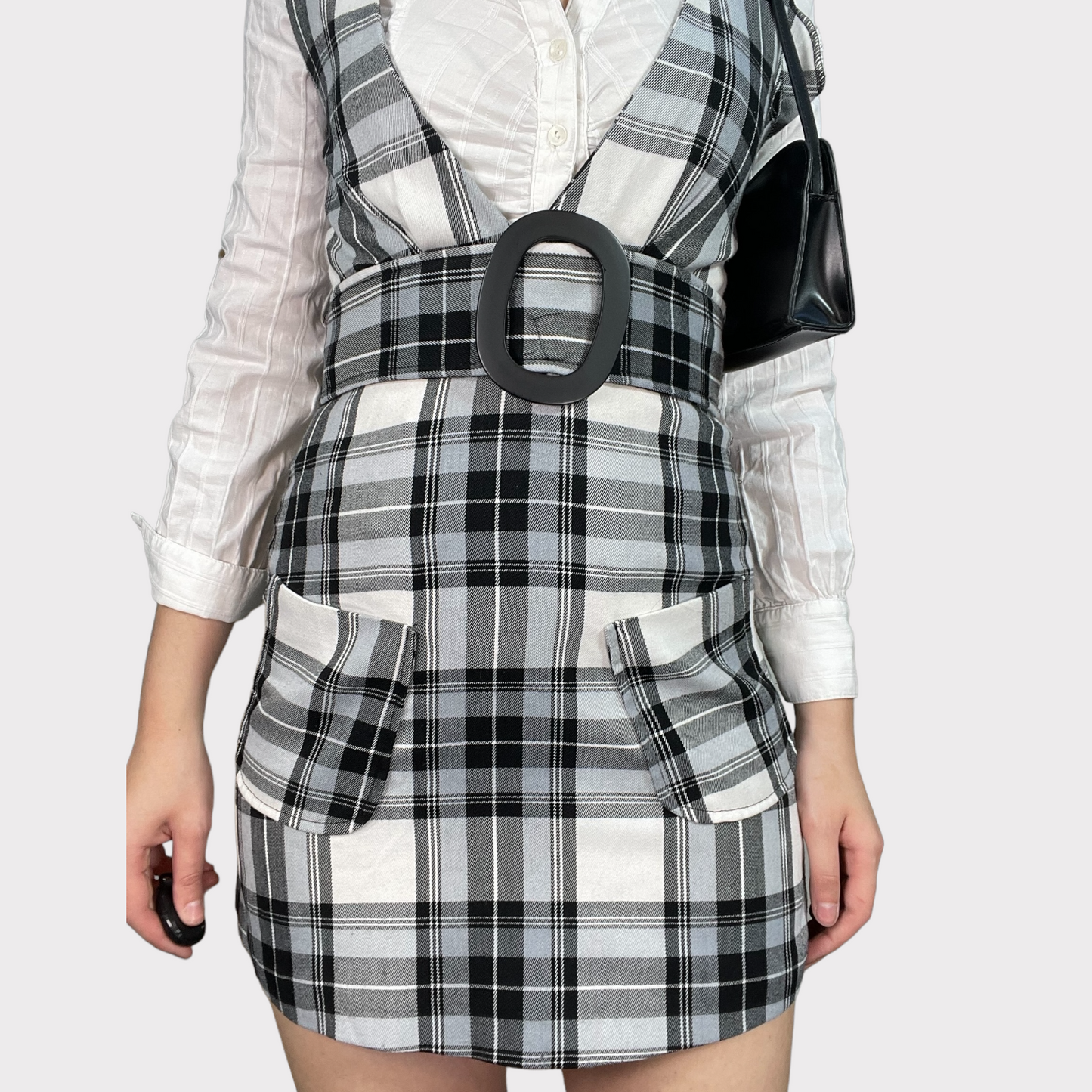 Vintage 90's Classic Grey Plaid Dress with Belt Detail (S)