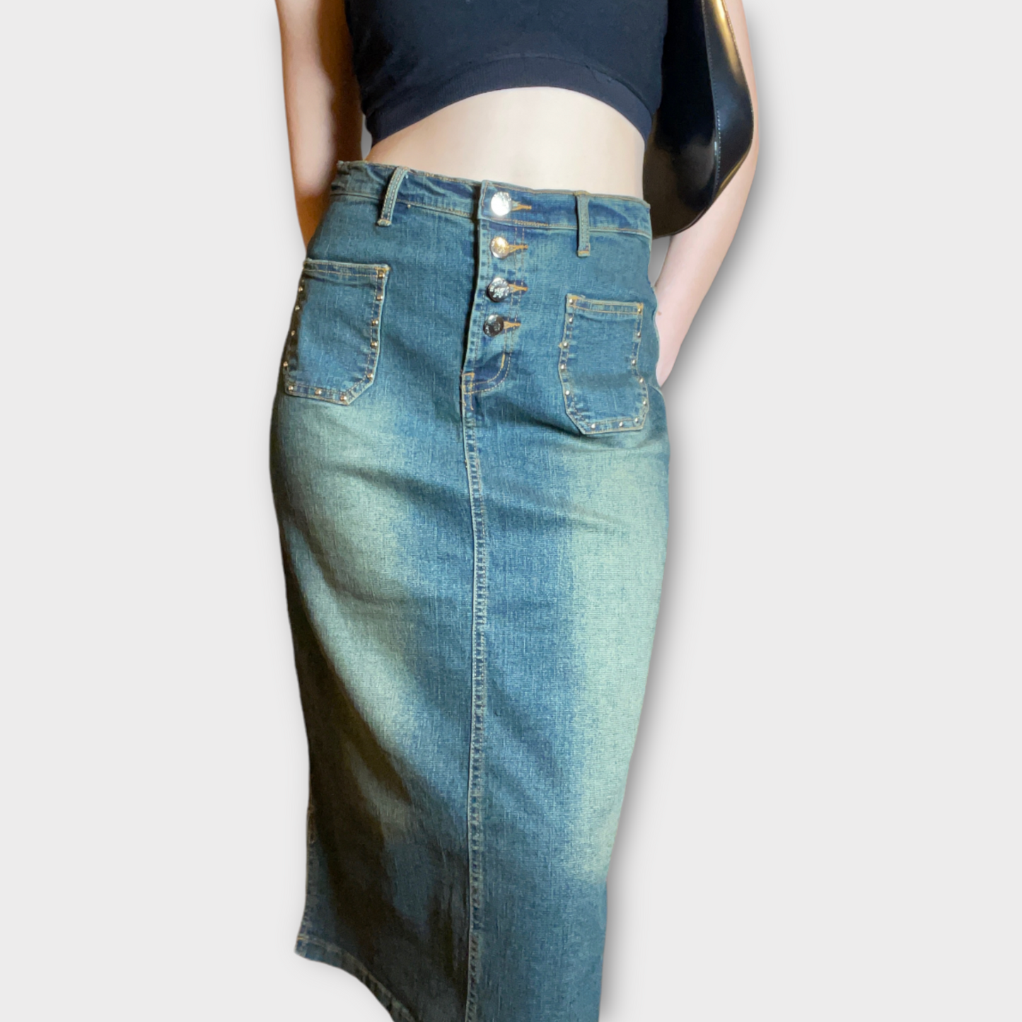 Vintage 90's Western Denim Midi Skirt with Tiny Front Pockets (?)