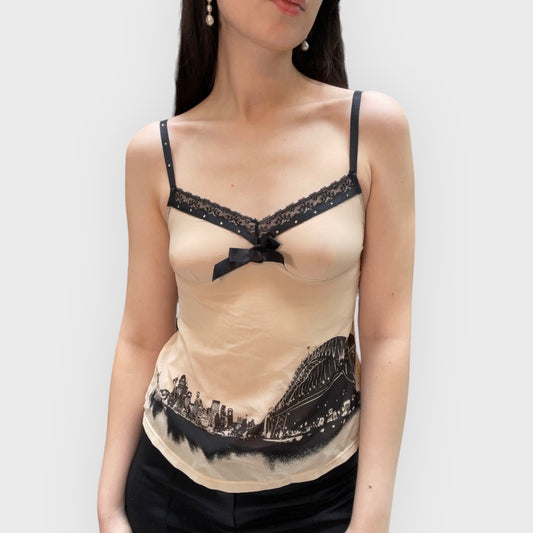 Vintage 2000's Lingerie Creme Cami Top with Black Lace and Skyline Print (XS)