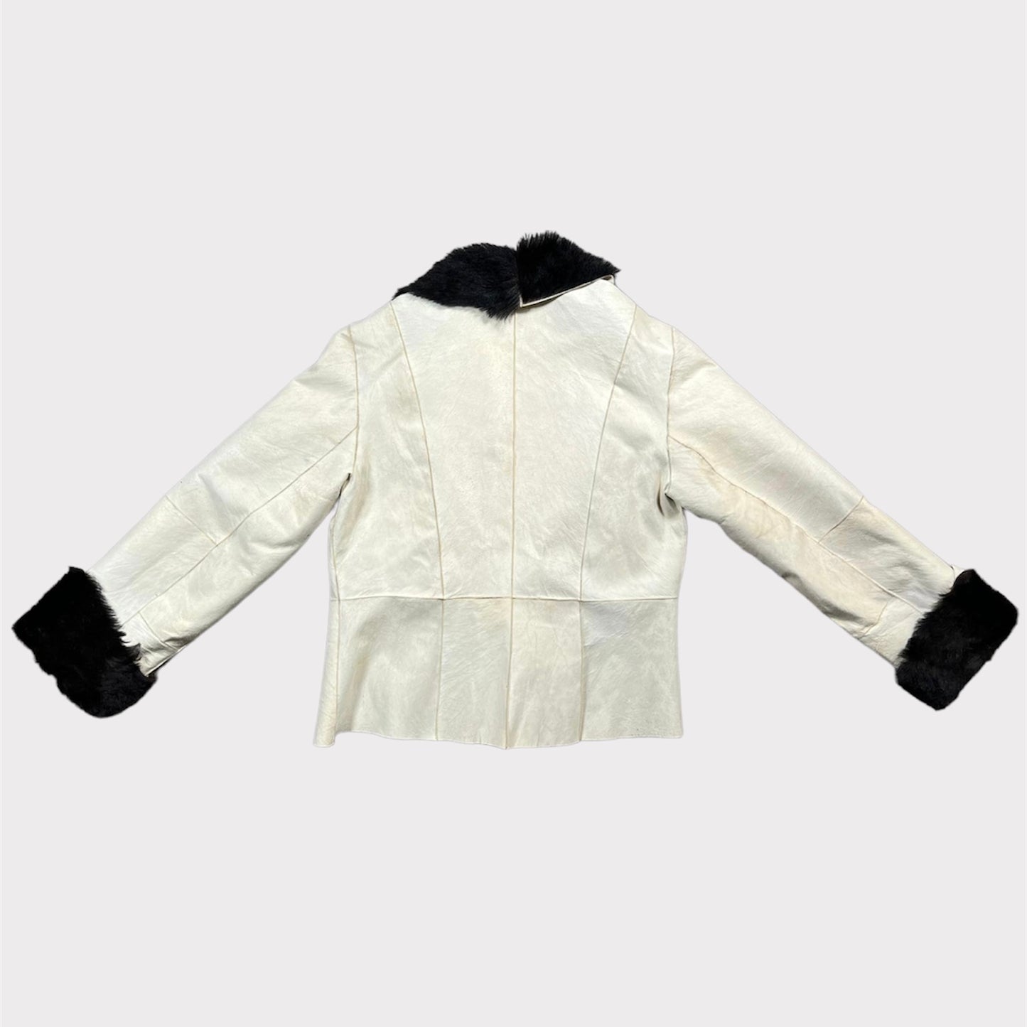 Vintage 2000's Grunge Irreversible White Leather Jacket with Black Fur Trim (S)
