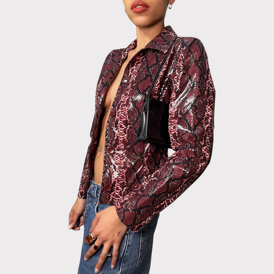 Vintage 2000 Funky Bordeaux Red Snake Skin Print Button Up Leather Jacket (S)