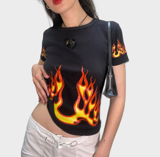 Vintage 2000's Funky Black Shirt with Flame Print (S/M)