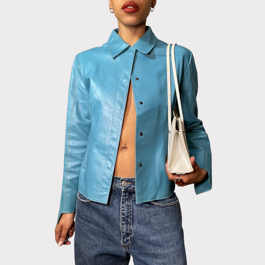 Vintage 2000 Funky Aqua Blue Button Up Leather Jacket with Stitching Details(S)