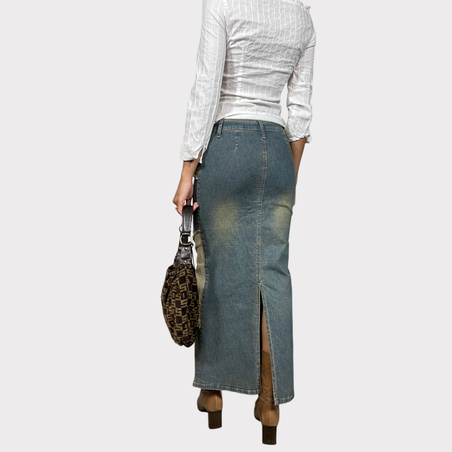 Vintage 90's Grunge Bleached Denim Patchwork Maxi Skirt (S)