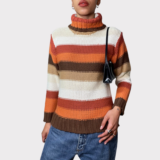 Vintage 90's Gilmore Girls Orange and Brown Striped Turtleneck Knit Sweater (M)