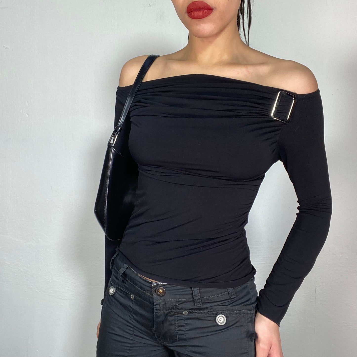 Vintage 90's Model Off Duty Black Off Shoulder Top with Buckle Detail (S)