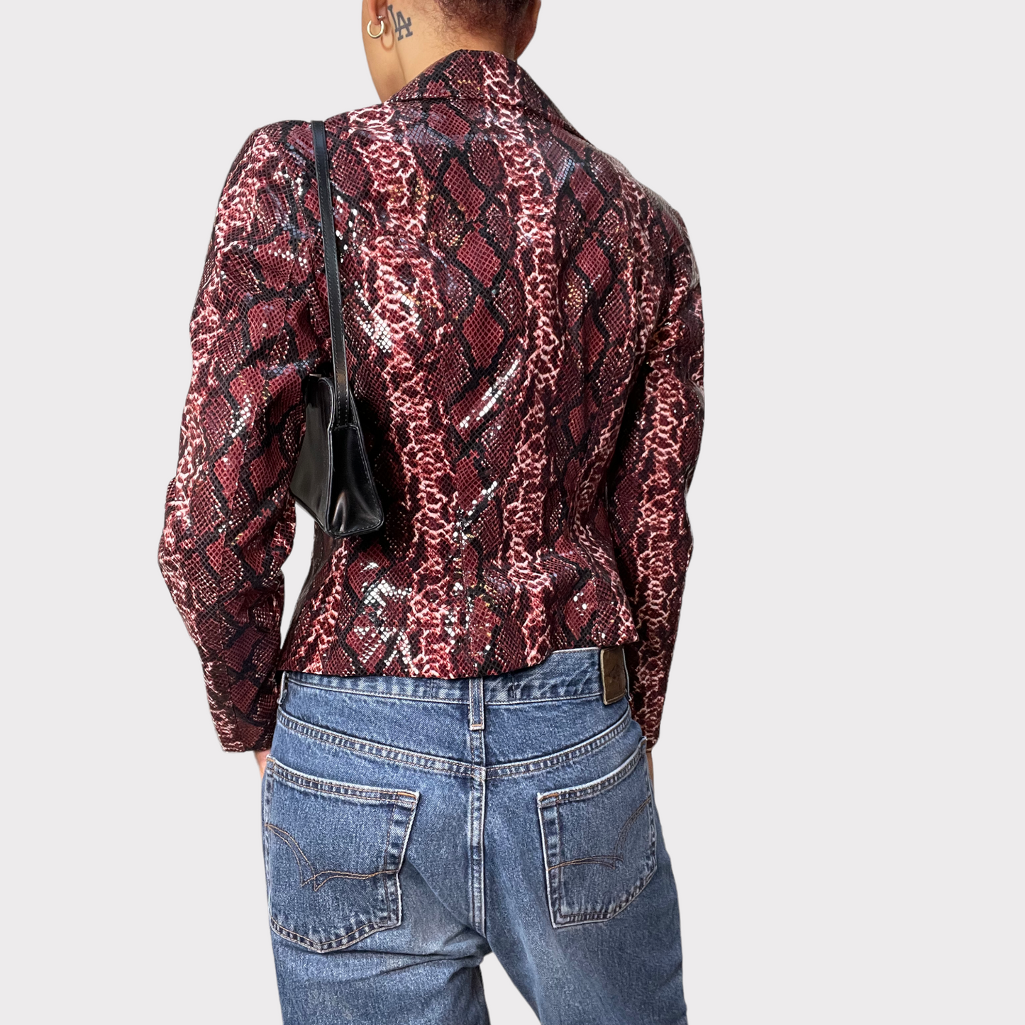 Vintage 2000 Funky Bordeaux Red Snake Skin Print Button Up Leather Jacket (S)