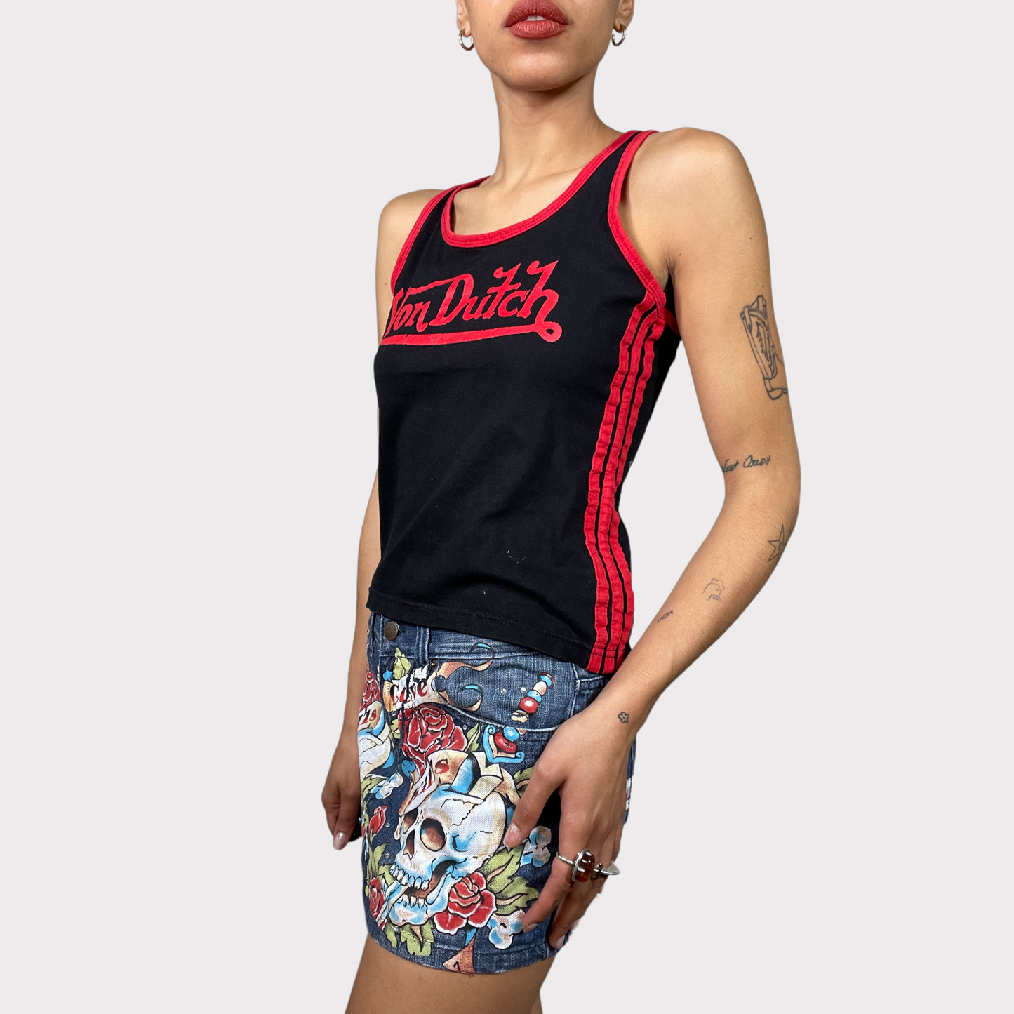 Vintage 2000's Funky Denim Mini Skirt with EdHardy-Style Skull Print (S)