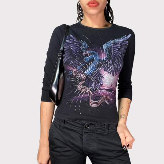 Vintage 2000's Grunge Black top with Glitter and Dragon Print (S)