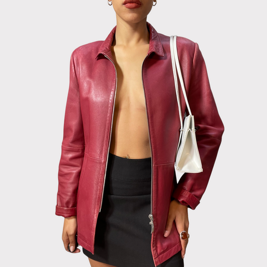 Vintage 2000 Classic Dark Red Leather Jacket with Zipper (S)