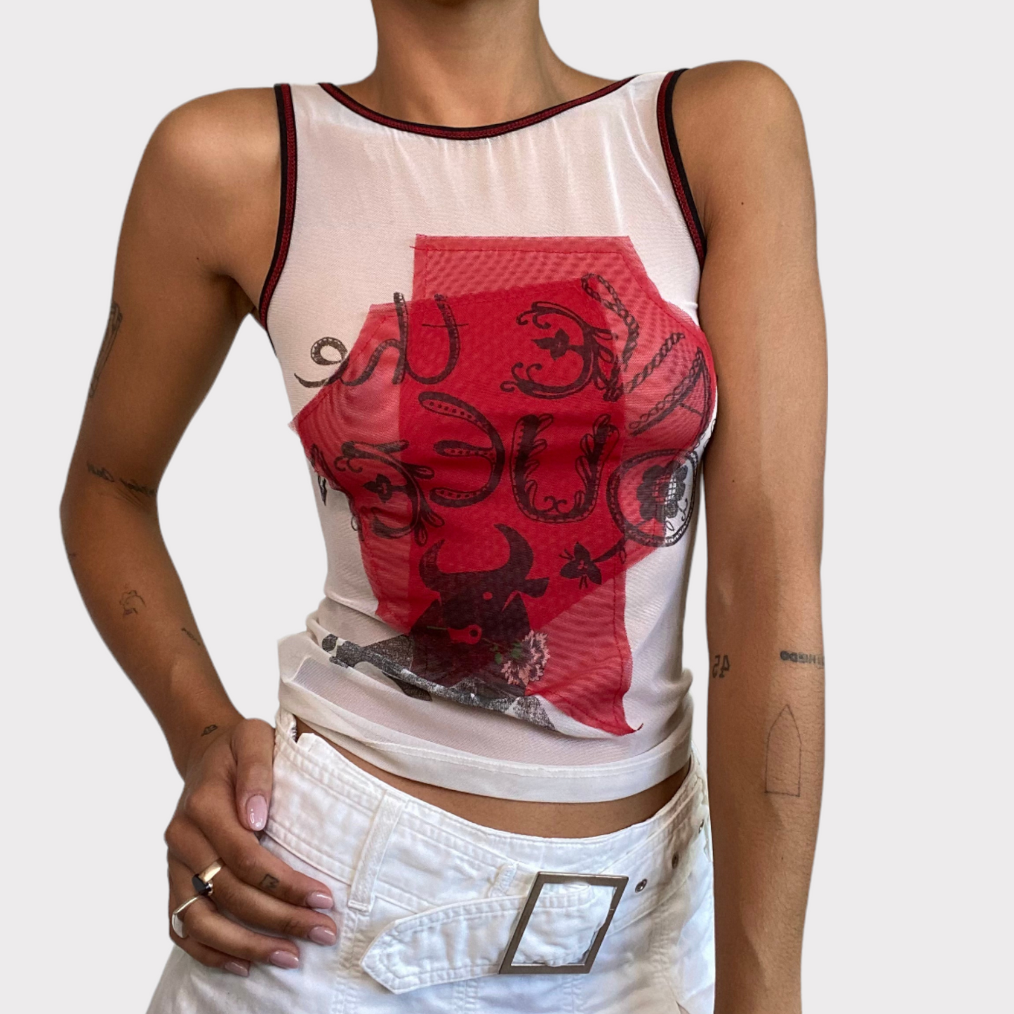 Vintage 90's Archive Save The Queen White and Red Mesh Top (S)