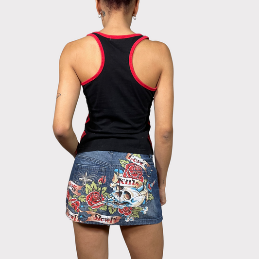 Vintage 2000's Funky Denim Mini Skirt with EdHardy-Style Skull Print (S)