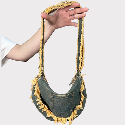 Vintage 2000's Grunge Denim Shoulder Bag with beige Fringe