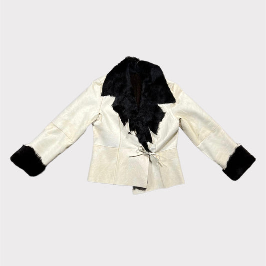 Vintage 2000's Grunge Irreversible White Leather Jacket with Black Fur Trim (S)