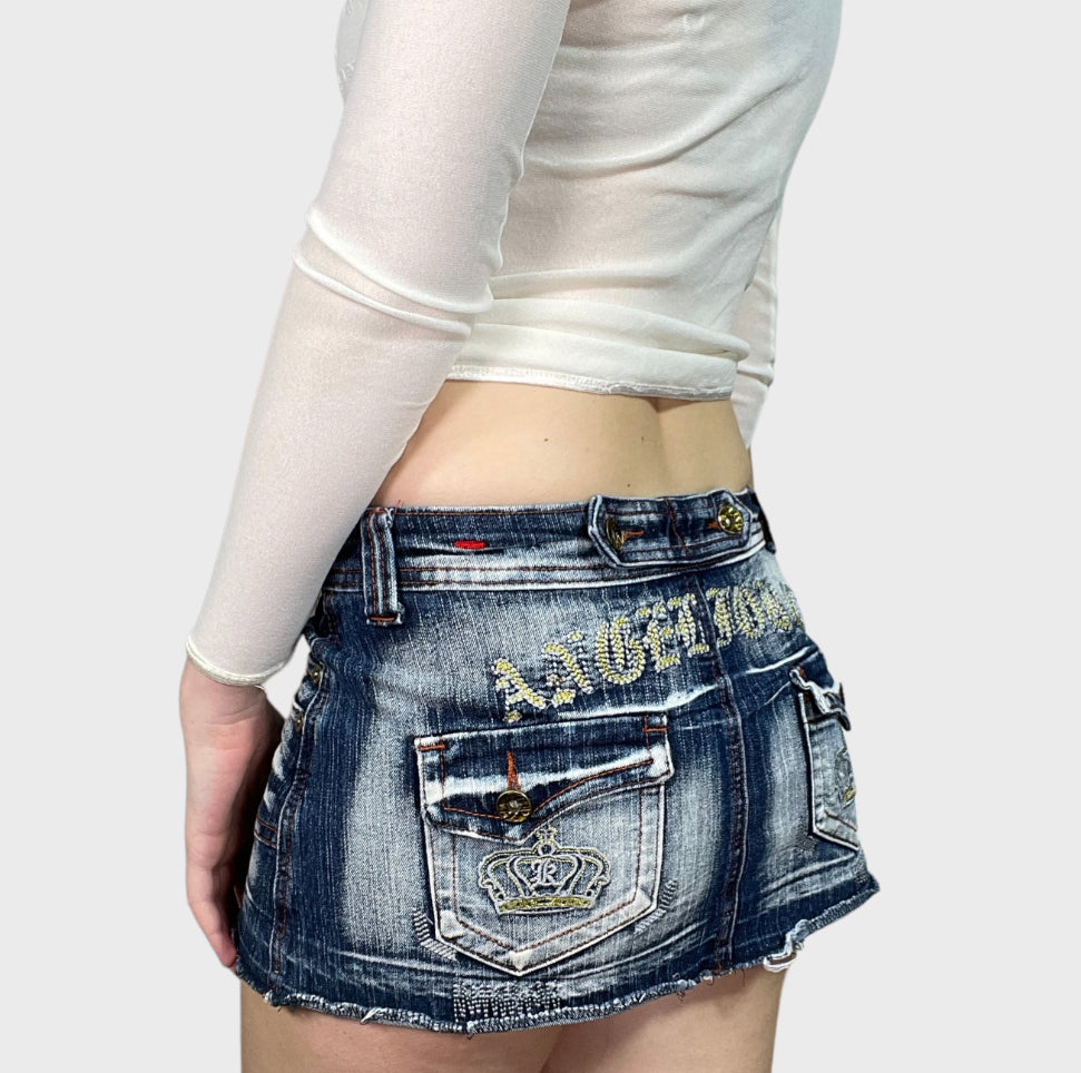 Vintage 2000's Clubwear Washed Denim Mini Skirt with Back Embroidery (M)