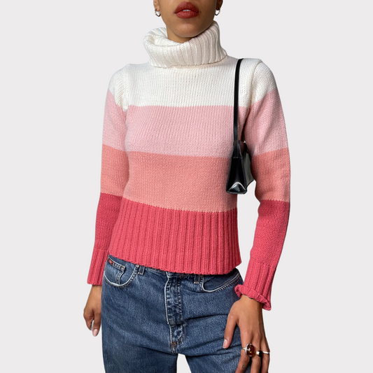 Vintage 90's Gilmore Girls Pink and White Striped Turtle Neck Knit Sweater (S)