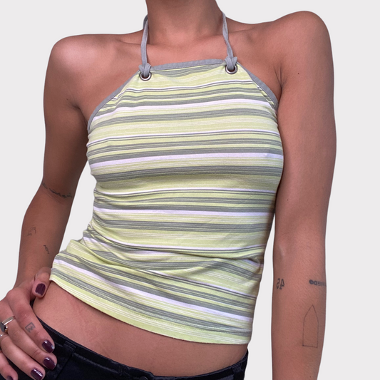 Vintage 90's Skater Green Striped Halter Neck Top with Metal Details (S)