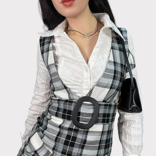 Vintage 90's Classic Grey Plaid Dress with Belt Detail (S)