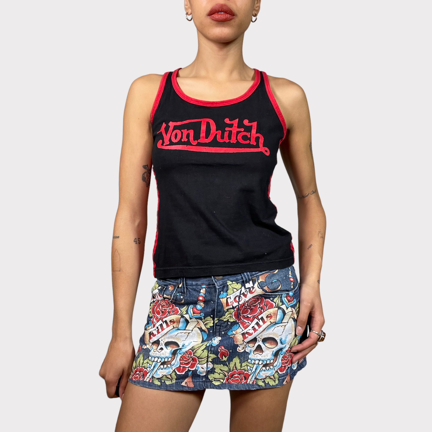 Vintage 2000's Funky Denim Mini Skirt with EdHardy-Style Skull Print (S)