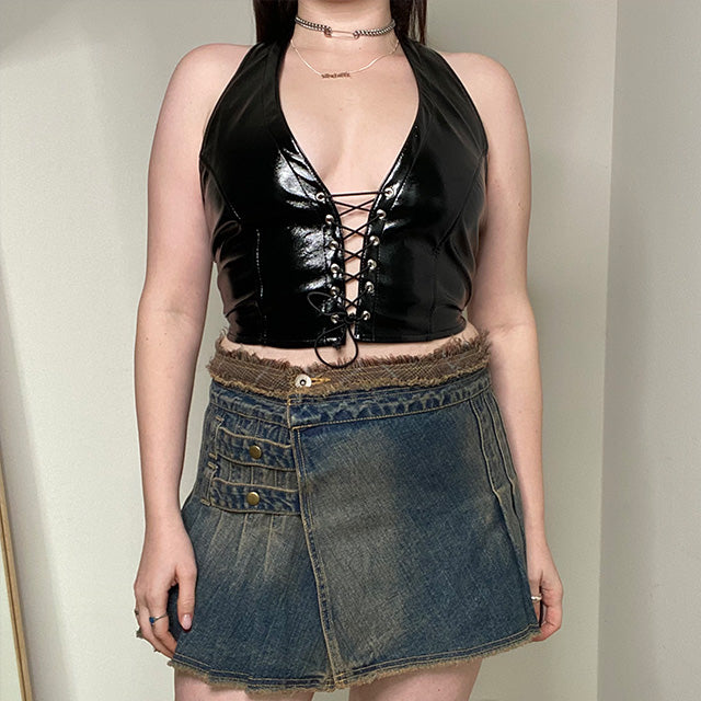 Vintage Y2K Fairy Grunge Adjustable Denim Pleated Mini Skirt (36 EU/UK 8)