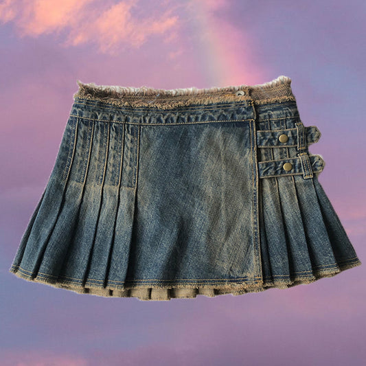 Vintage Y2K Fairy Grunge Adjustable Denim Pleated Mini Skirt (36 EU/UK 8)